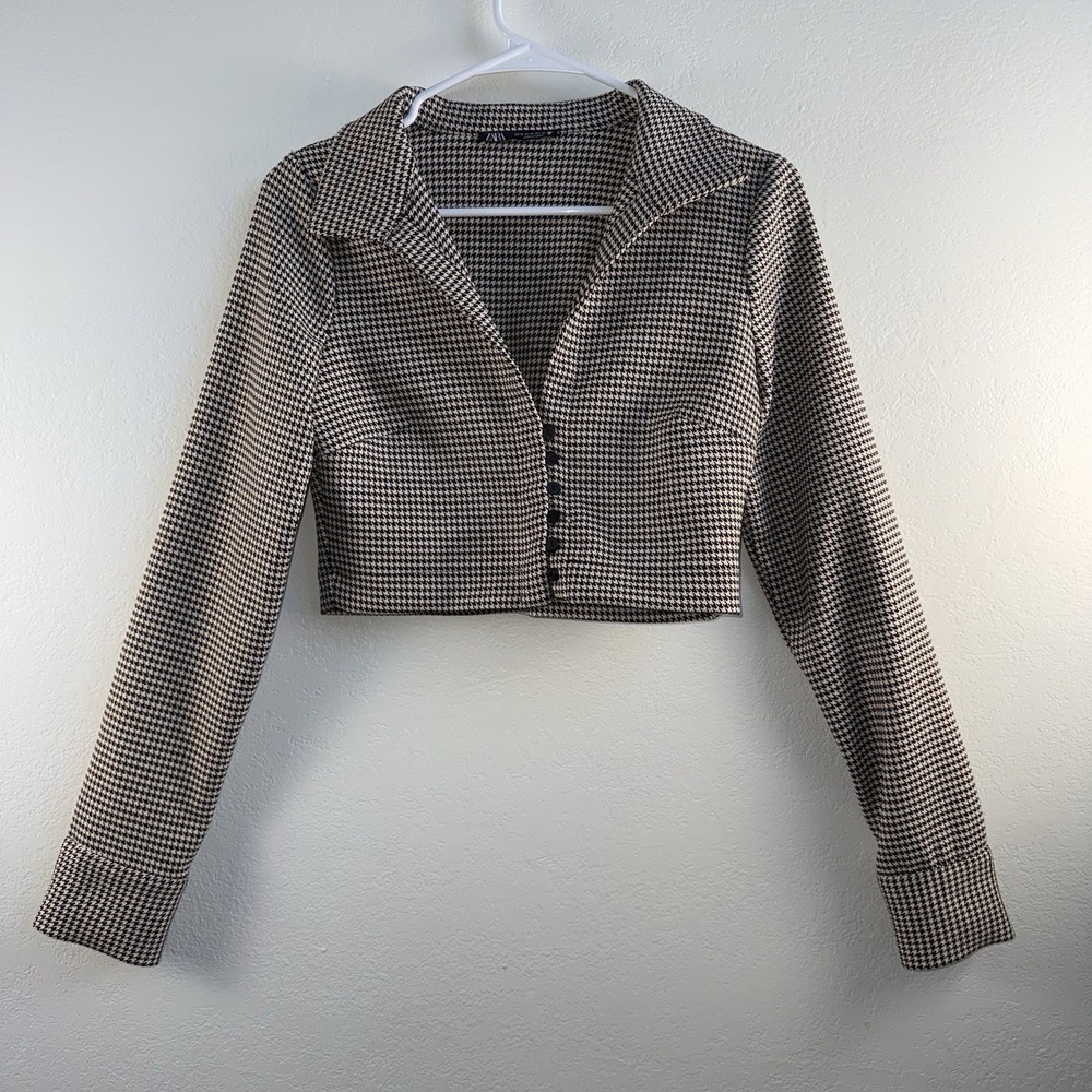 ZARA‎ Women Crop Top Houndstooth Button Front Long Sleeve Blouse Size M